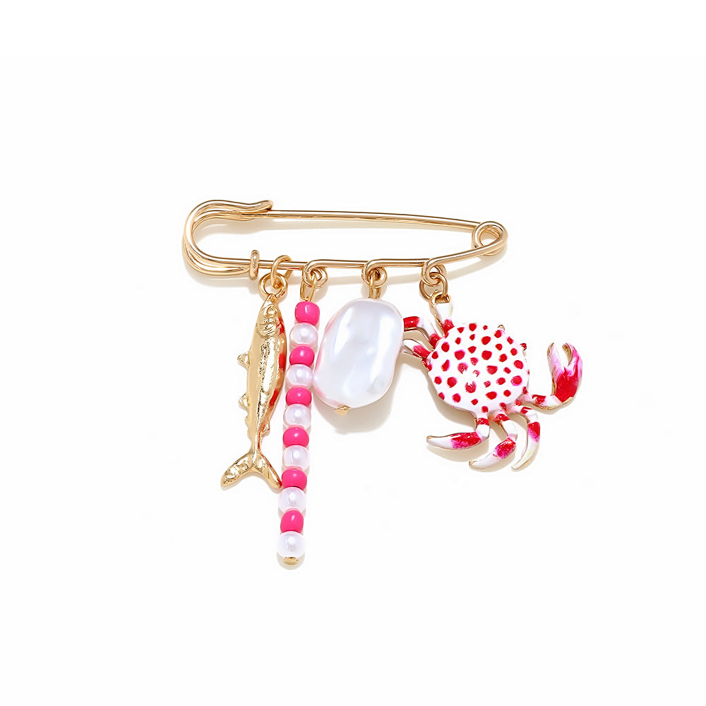 Multi Color Fish,Crab,Pearl,Safety Pin Gold Enamel Brooch For Women Bulk