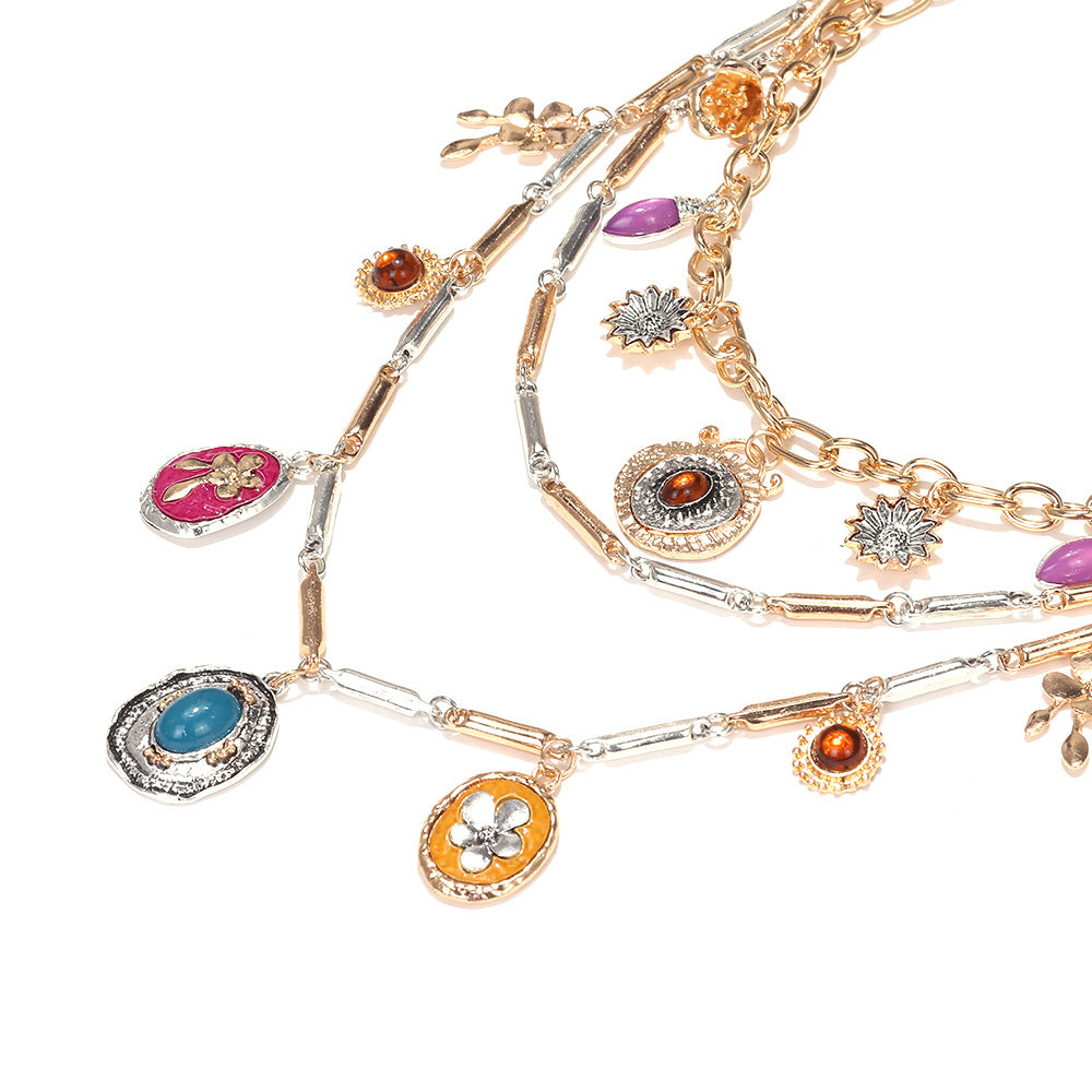 Flower 18K Gold Cubic Zirconia Multi-Layer Charm Necklace Women Bulk