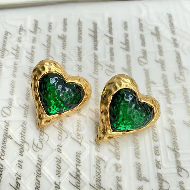 Heart Crystal 18K Gold Red Green Anti Tarnish Stud Earring Women Bulk