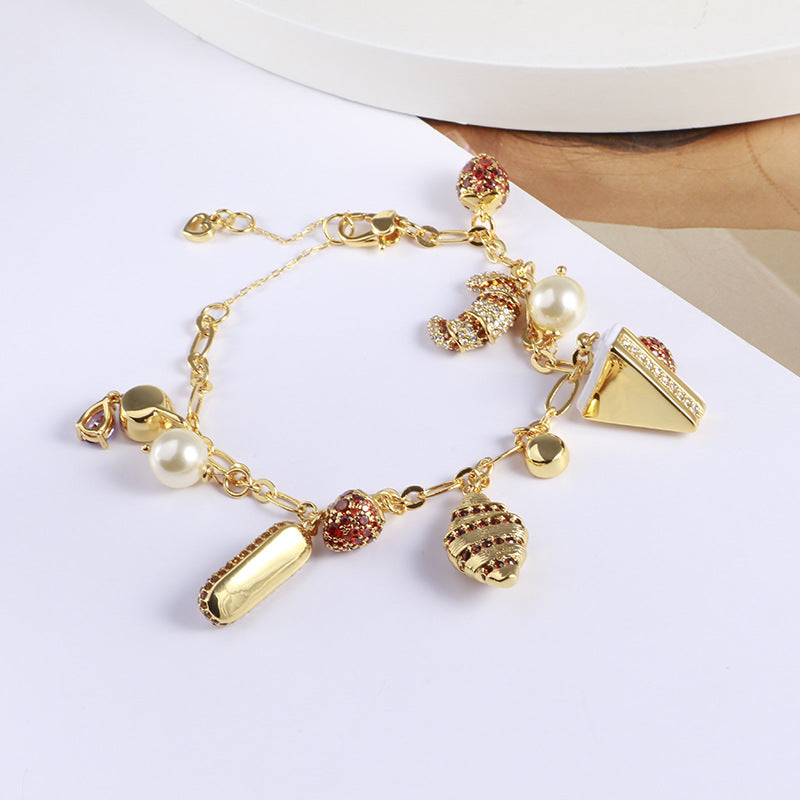 Strawberry Cake Bread Inlaid Pearl Cubic Zirconia Anti Tarnish Charm Chain Bracelet For Women