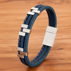 Layer Black Brown Blue Silver Leather Stainless Steel Bracelet Bulk