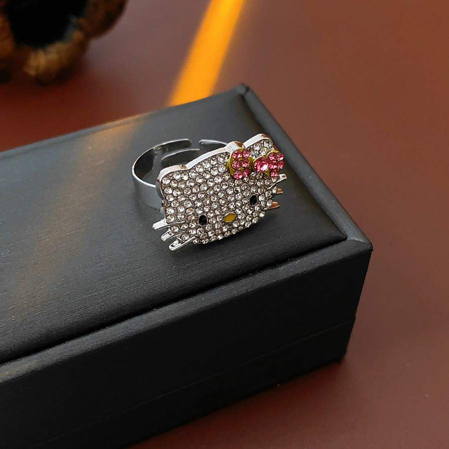 Kitty Cat Face Cubic Zirconia Silver Free Size Ring For Women Bulk