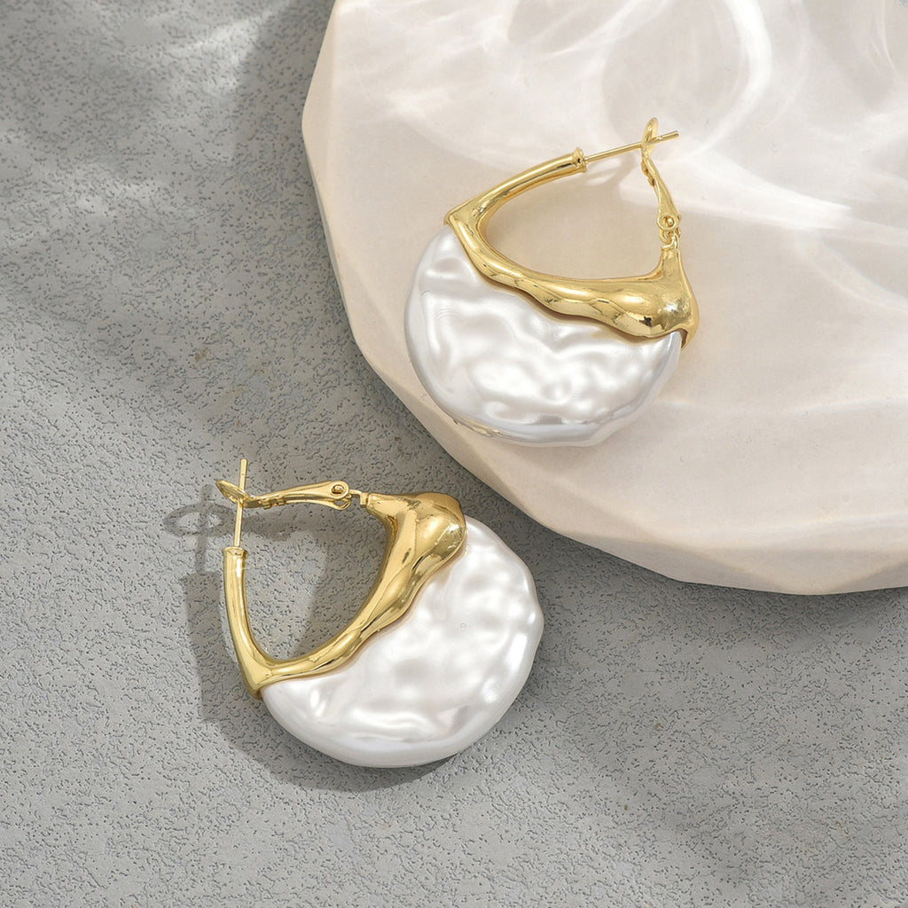 White Modern Abstract Gold Pearl Copper Hoop Earrings For Women Bulk