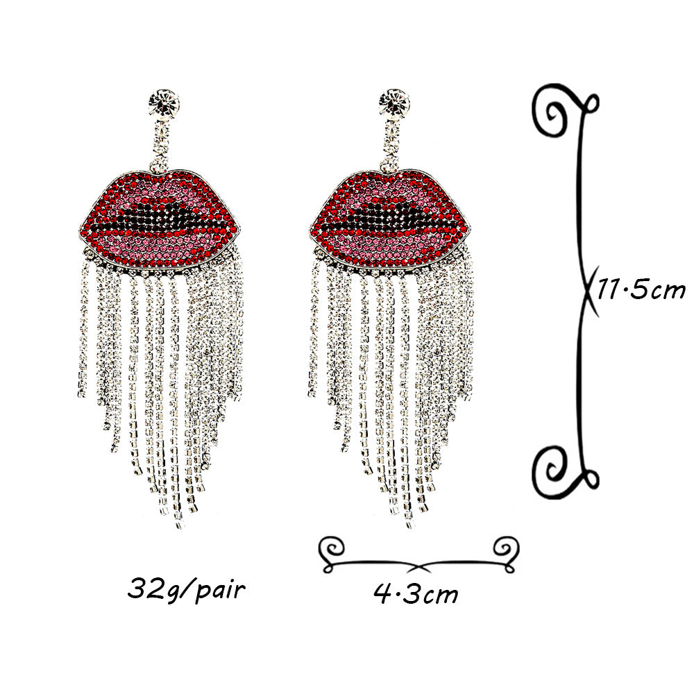 Big Lips Silver Red Crystal Rhinestones Dangle Tassel Earrings Bulk