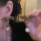 Bulk Gold Bee Pearl Drop CZ Earrings for Women