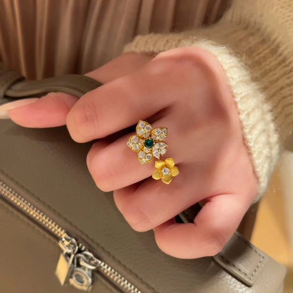 Gold Flower Cubic Zirconia Copper Anti Tarnish Adjustable Ring Women Bulk Secondary image