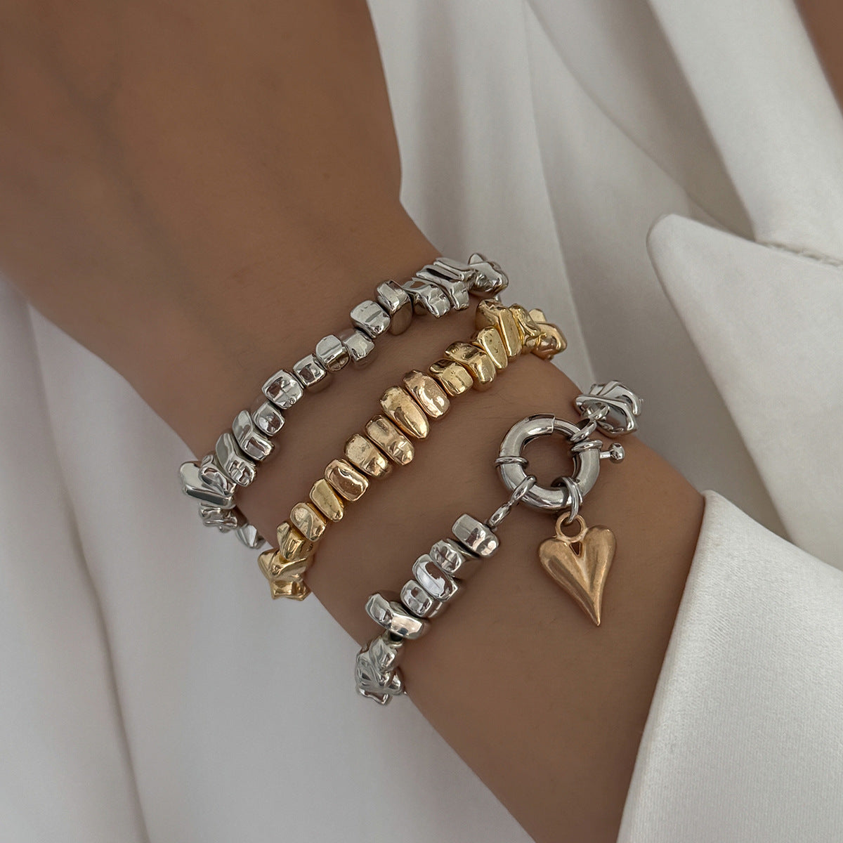 Layered Heart Elastic Stretchable Dual Tone Gold Silver Bracelet Bulk Main image