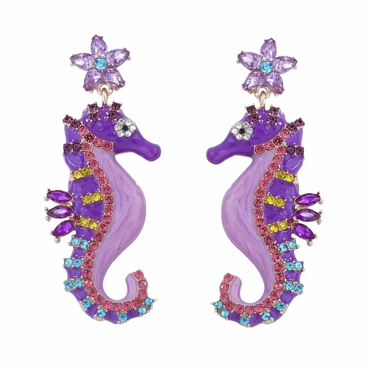 Seahorse Flower Multi CZ Enamel Anti Tarnish Dangler Earring Bulk