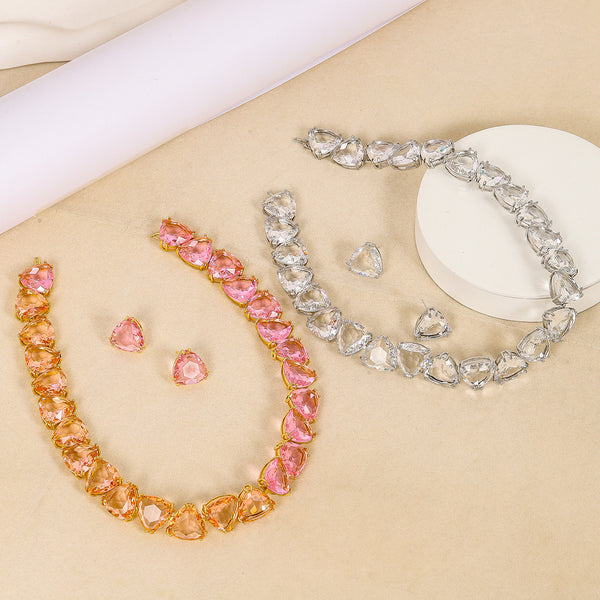Pink White Designer Heart-Cut Gold CZ Copper Necklace Earring Set Bulk Main image