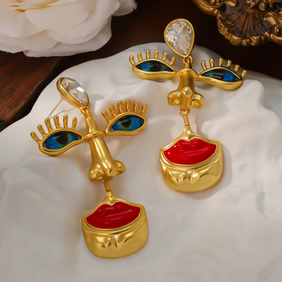 Evil Eye Lip Nose 18K Gold Cubic Zirconia Enamel Dangler Earring Bulk Main image