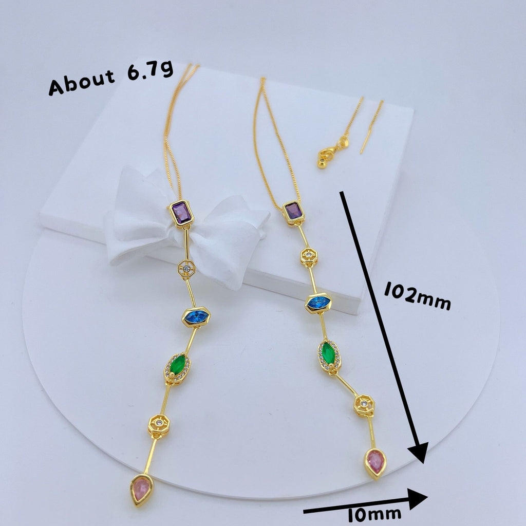 Multi Gemstone Solitaire CZ Gold Anti Tarnish Long Necklace Chain Bulk