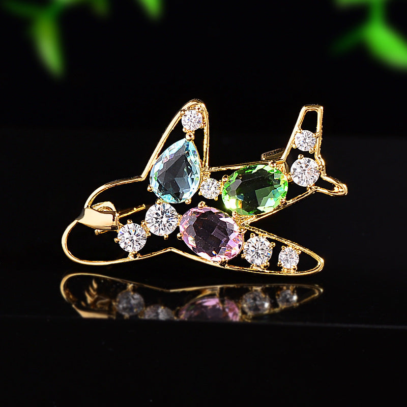 Modern Aircraft Style Gold Plated Multi Color Crystal Copper Brooch Bulk