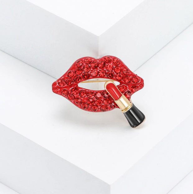 Red Lips & Lipstick Gold Plated Rhinestone Brooch For Women Bulk