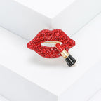 Red Lips & Lipstick Gold Plated Rhinestone Brooch For Women Bulk