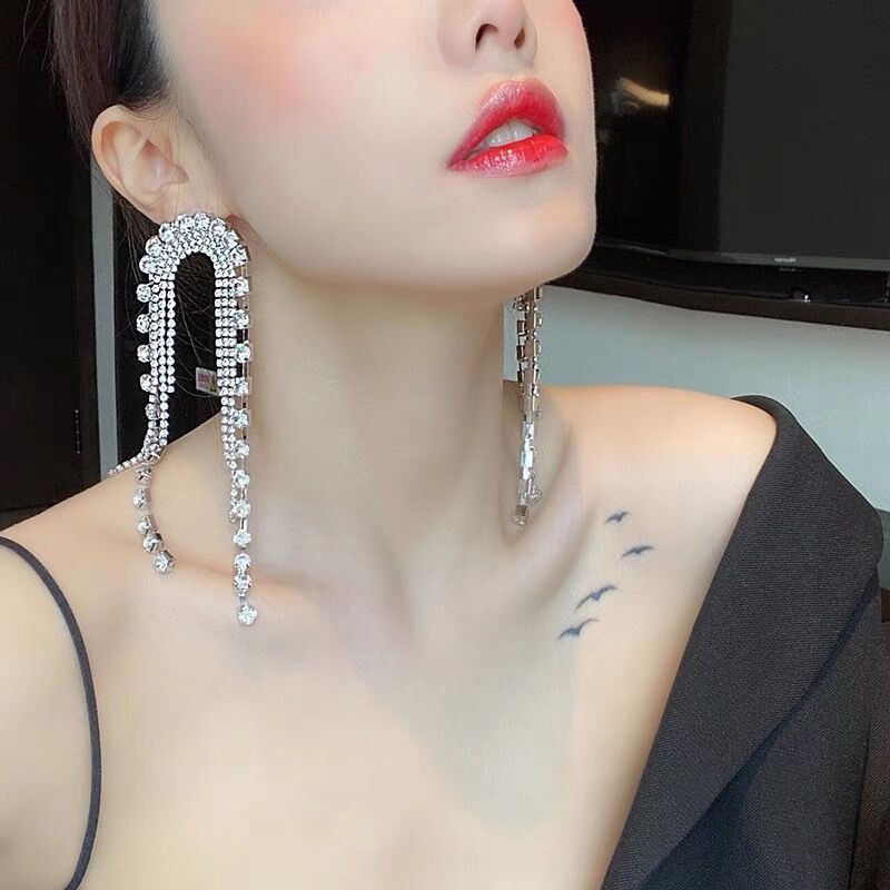 Studded Rhinestone Silver Anti Tarnish Long Tassel Dangler Earring For Women