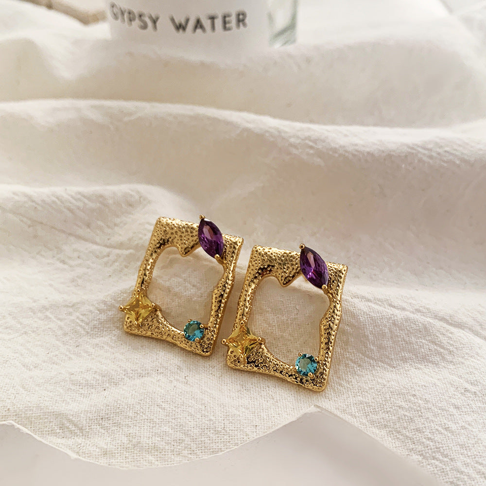 Multi Color Square Shape Gold CZ Stainless Steel Stud Earrings Bulk Main image