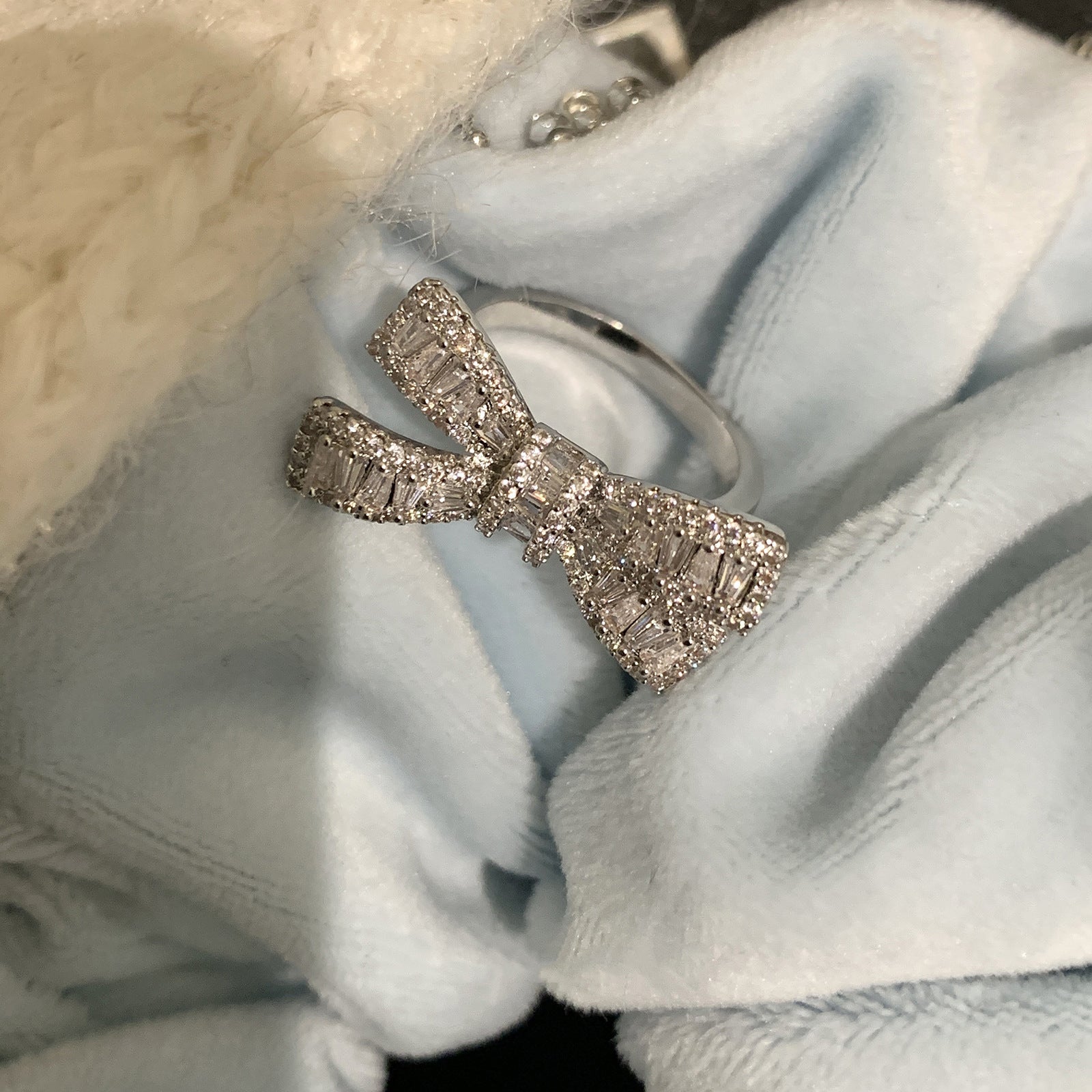 Bow Baguette Cubic Zirconia Silver Anti Tarnish Adjustable Ring Bulk