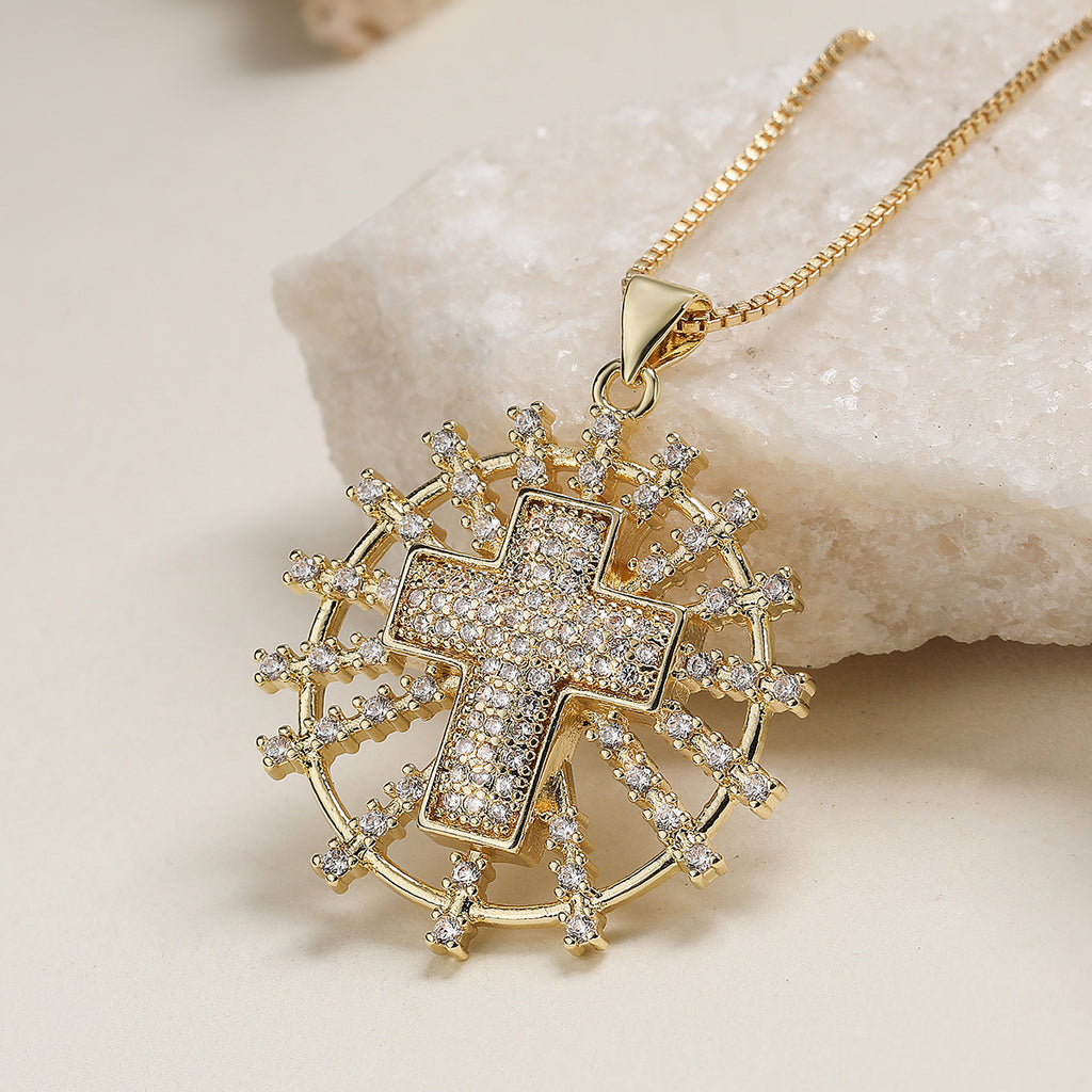 Gold Heart Start Cross Gold Cubic Zirconia Copper Pendant Chain Women Bulk