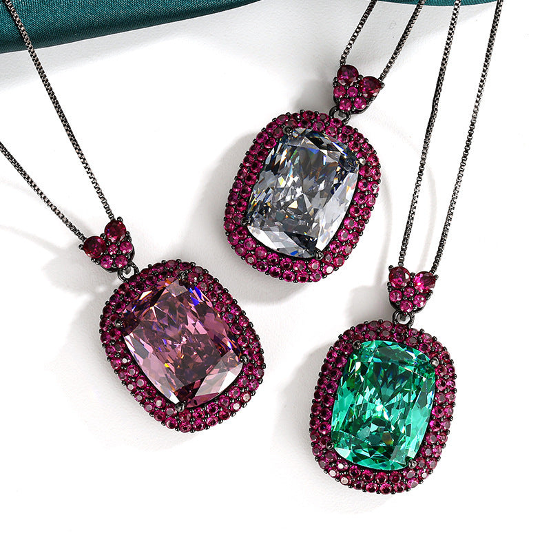 Luxury Emerald Cut Black CZ Anti Tarnish Copper Pendant Chain Wholesale