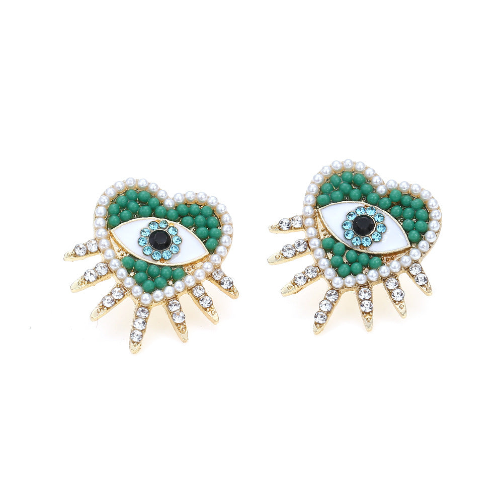 Evil Eye Heart 18K Gold Plated Green Cubic Zirconia Stud Earrings Bulk