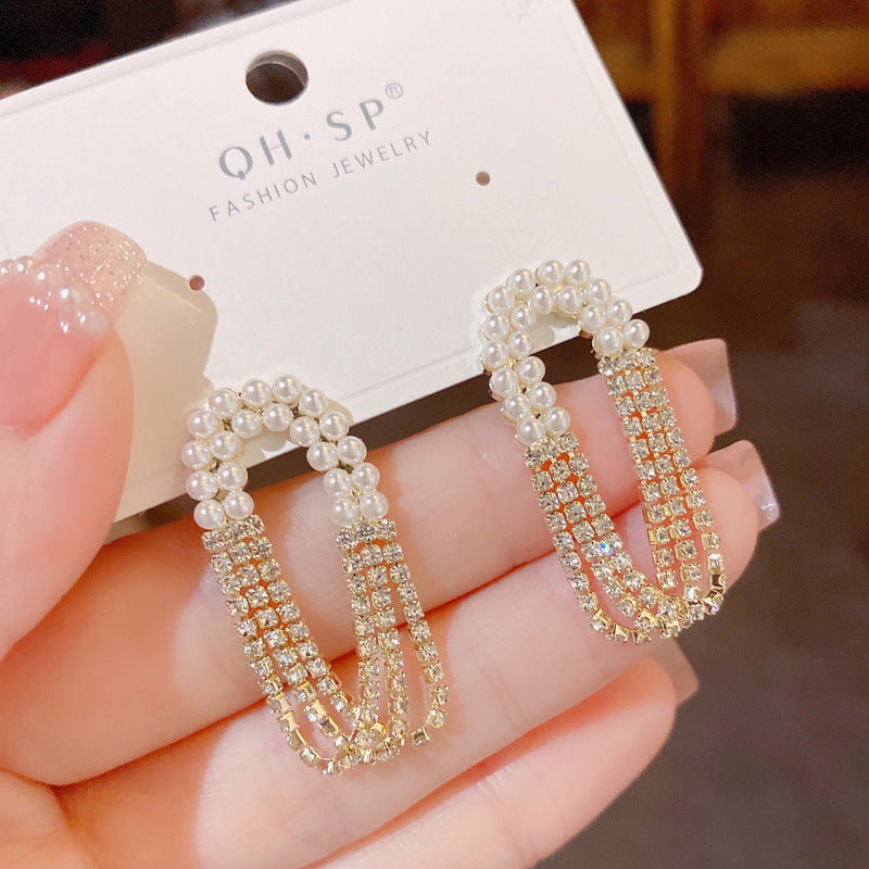Rhinestone Pearl Layer Gold Anti Tarnish Dangler Tassel Earring Bulk