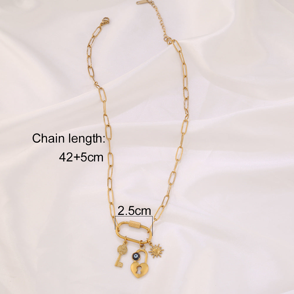 Evil Eye Sun Key Lock Charm 18K Gold Stainless Steel Anti Tarnish Enamel Link Chain Necklace For Women