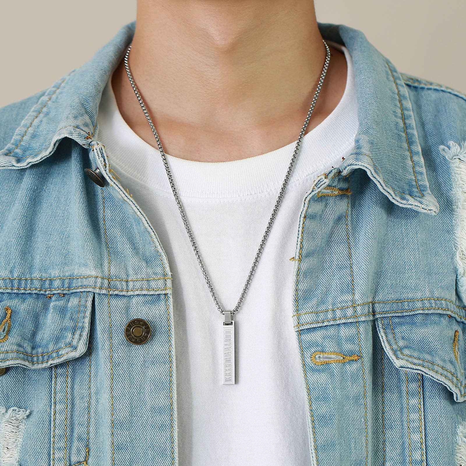 Roman Number Bar Id Gold Black Silver Atique Stainless Steel Popcorn Pendant Chain For Men