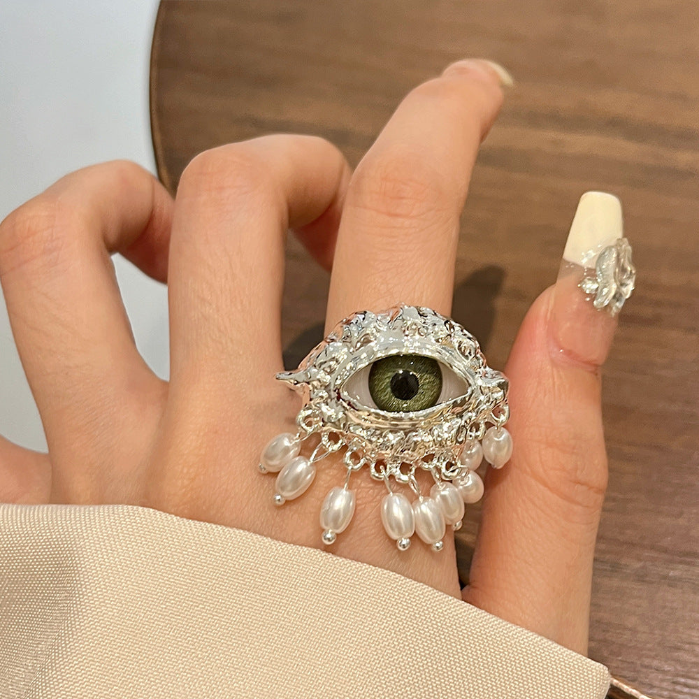 Wholesale Green Evil Eye Gold Silver Pearl Beads Adjustable Fancy Ring Secondary image