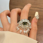 Wholesale Green Evil Eye Gold Silver Pearl Beads Adjustable Fancy Ring
