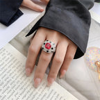Square Black Red Solitaire CZ Silver Anti Tarnish Free Size Ring Bulk