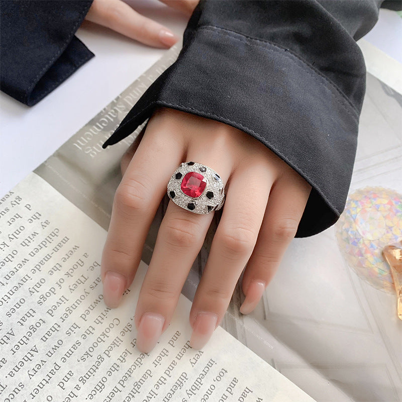 Square Black Red Solitaire CZ Silver Anti Tarnish Free Size Ring Bulk