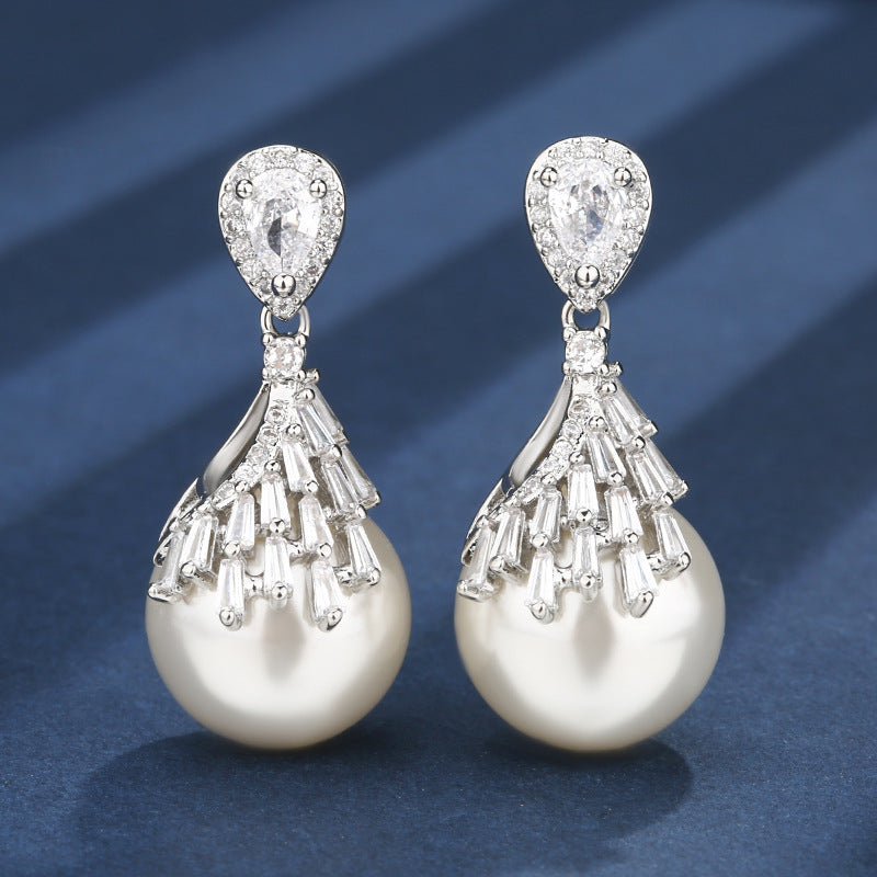 Drop White Silver Pearl Cubic Zirconia Necklace Earring Set Women Bulk