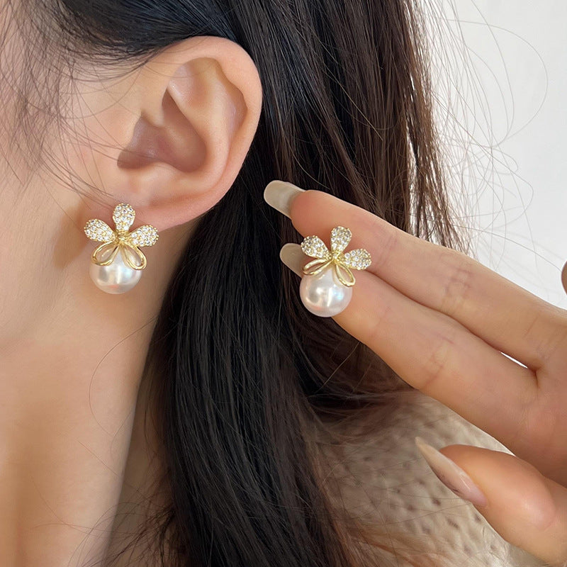 Flower Gold Plated Pearl Cubic Zirconia Alloy Drop Earrings Bulk Secondary image
