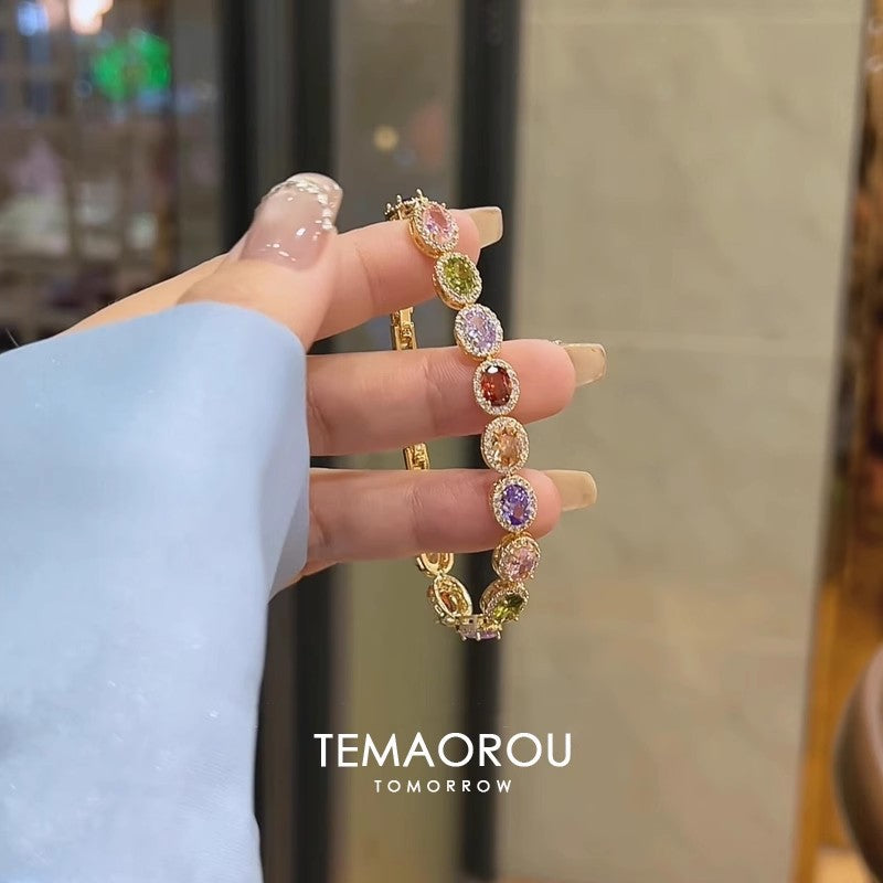 Bulk Multi Color Oval Shape Gold Plated CZ Alloy Bracelet For Women