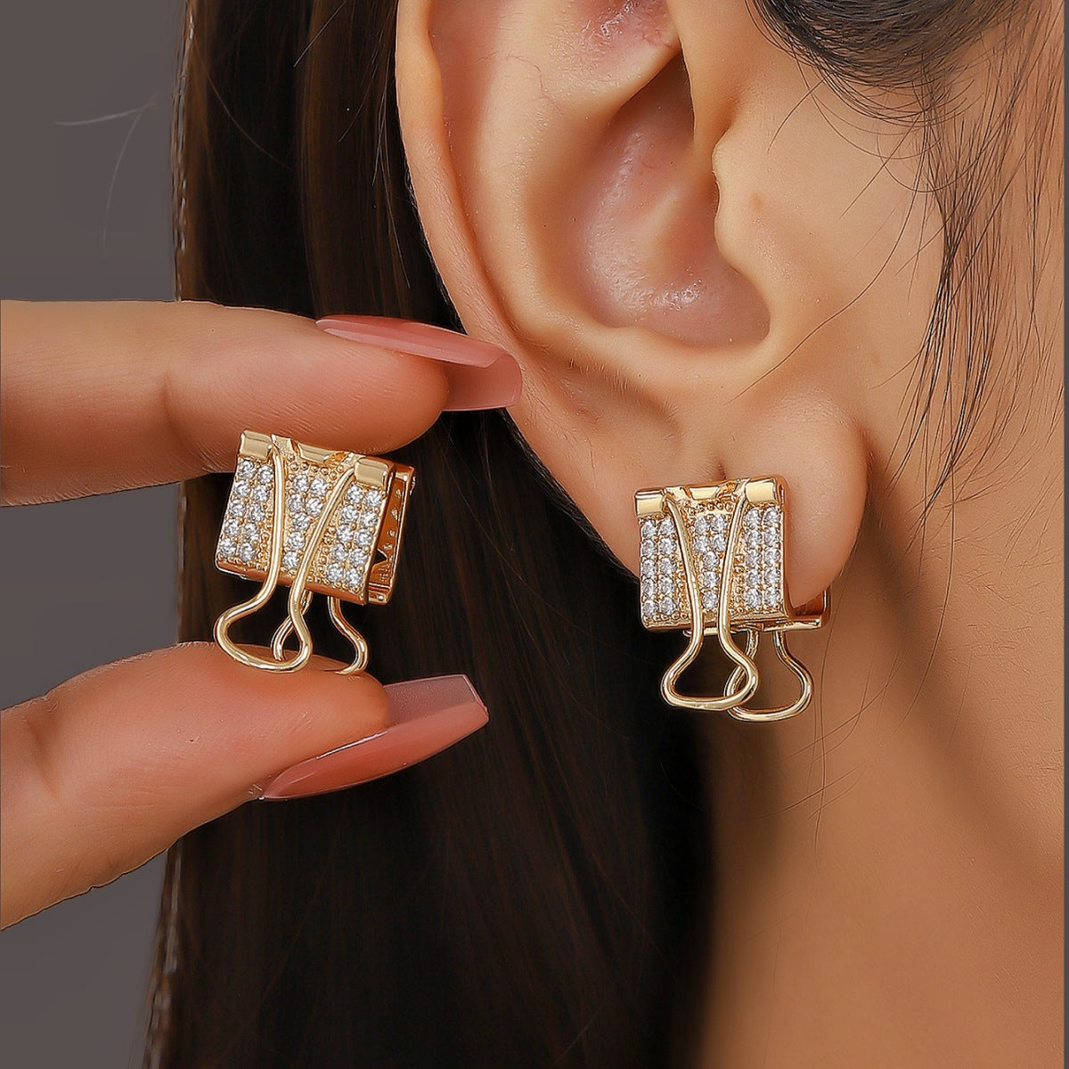 Modern Geometric Clip Style Gold Silver CZ Copper Stud Earrings Bulk