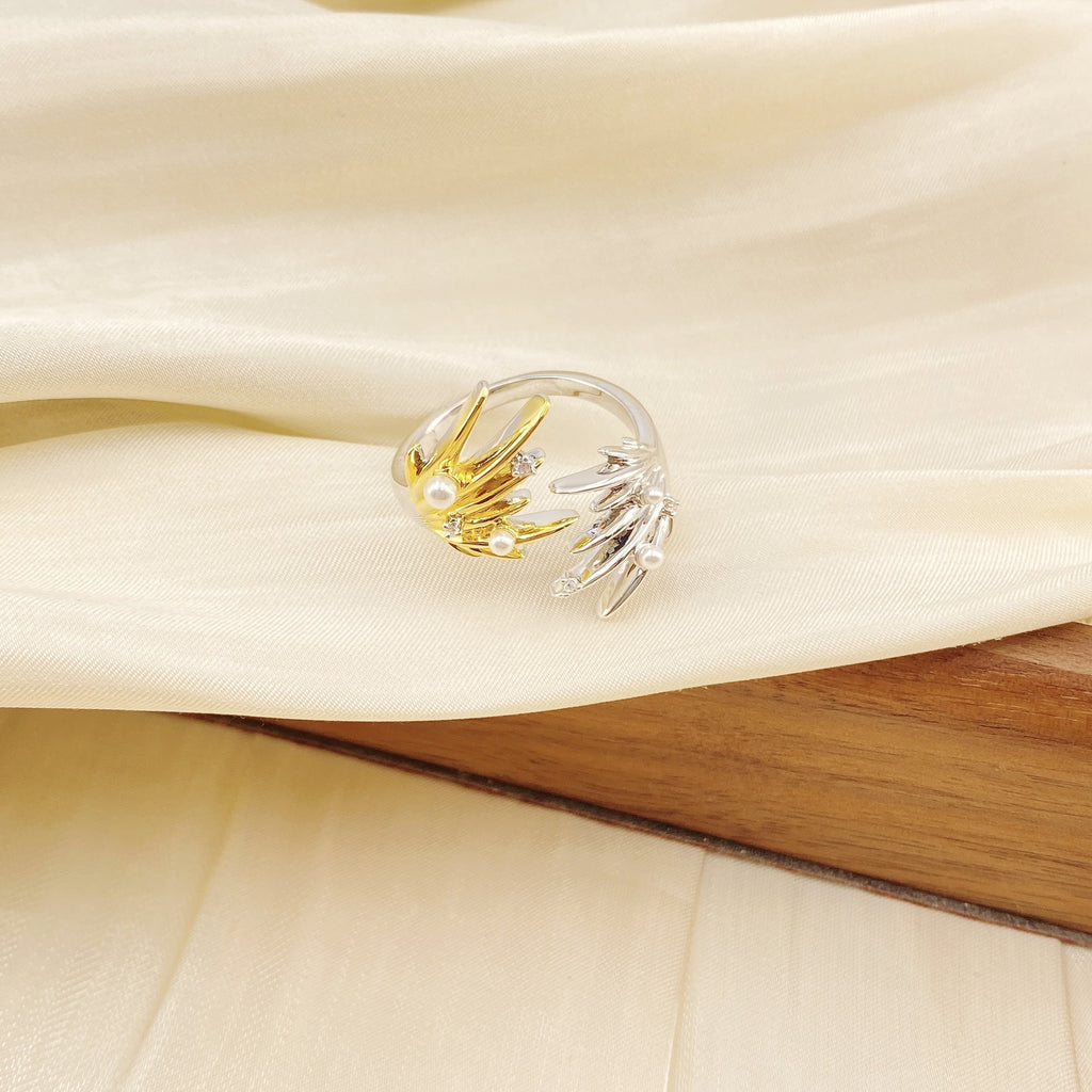 Two Tone Pointy Pearl 18K Gold Silver Adjustable Ring For Women Bulk