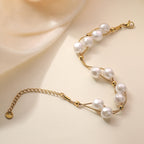 White Pearl 18K Gold Stainless Steel Anti Tarnish Dual Layer Chain Bracelet For Women