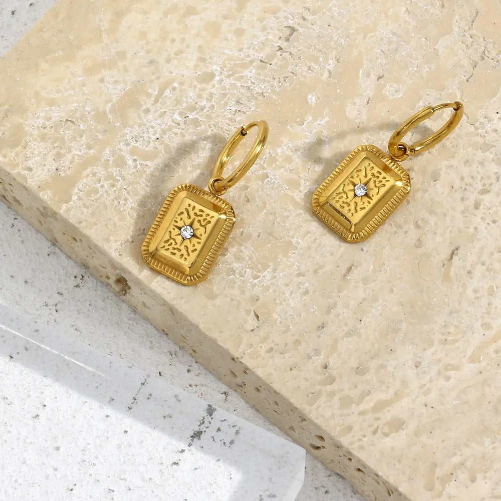 Star Rectangle Cubic Zirconia 18K Gold Stainless Steel Anti Tarnish Hoop Dangler Earring For Women Main image