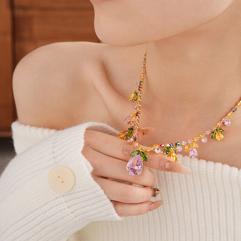 Drop Leaf Solitaire Crystal Pink Orange Anti Tarnish Necklace Earring Set For Women