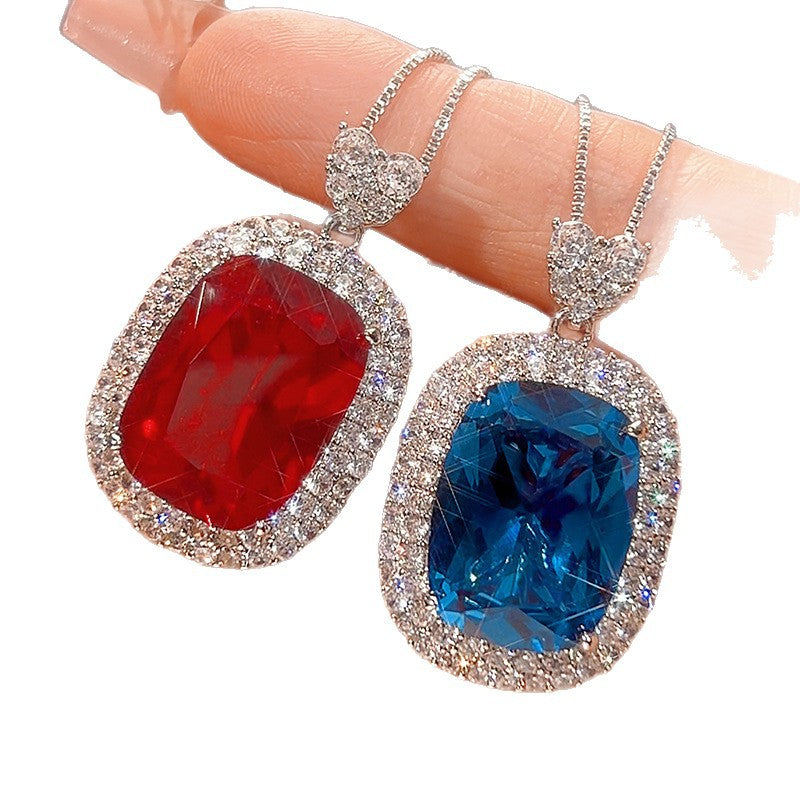 Red Blue Luxury Emerald Cut Silver CZ Anti Tarnish Copper Pendant Chain