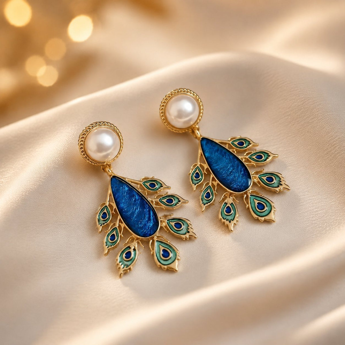 Designer Peacock Gold Blue & Green Enamel Pearl Dangler Earrings Bulk