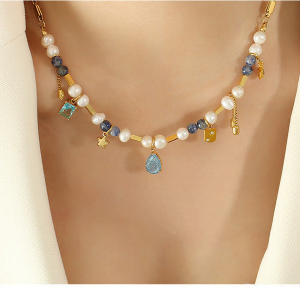 Drop Pearl Blue Purple 18K Gold Anti Tarnish Necklace Chain Women Bulk