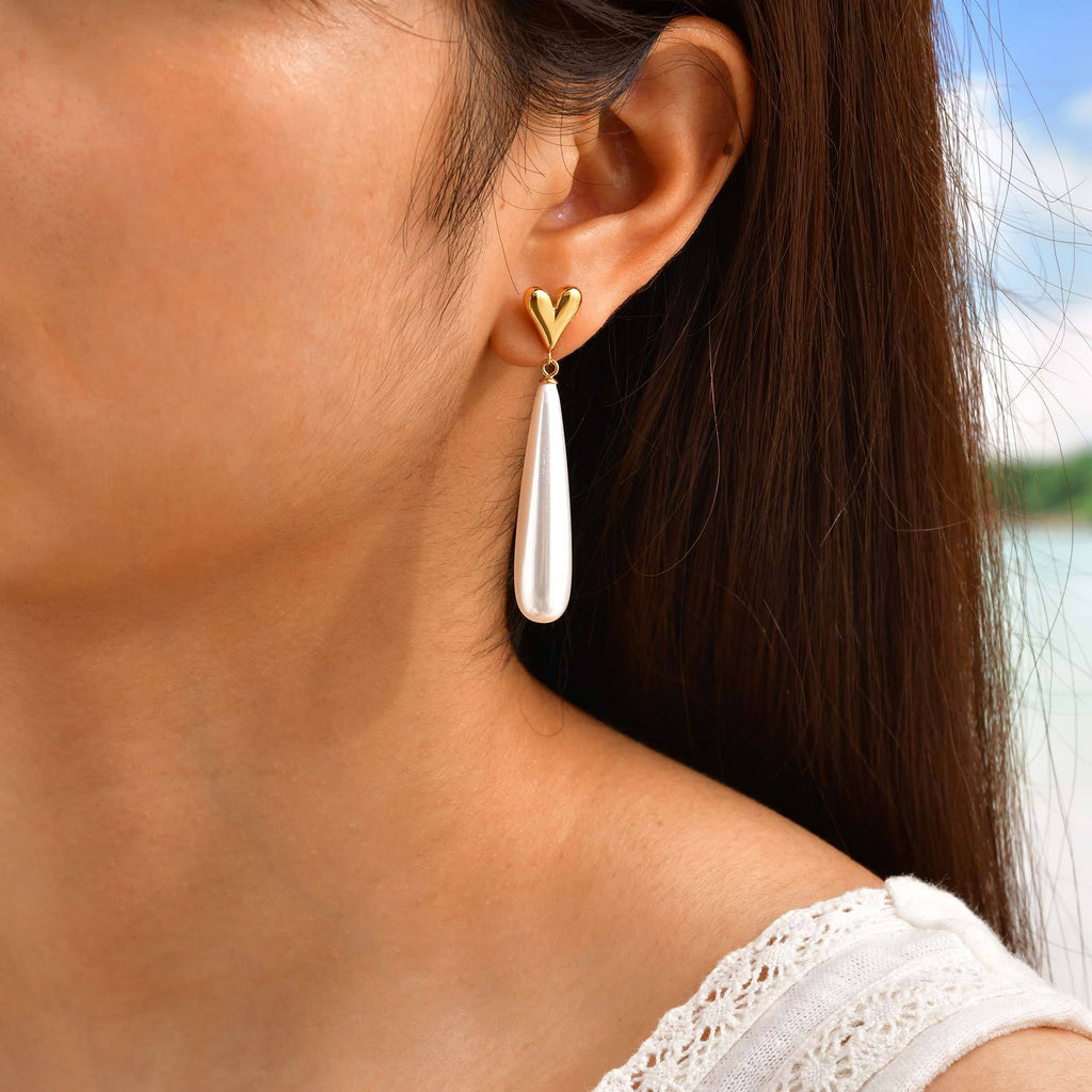 Bulk Heart Gold Pearl Anti Tarnish Stainless Steel Dangler Earrings