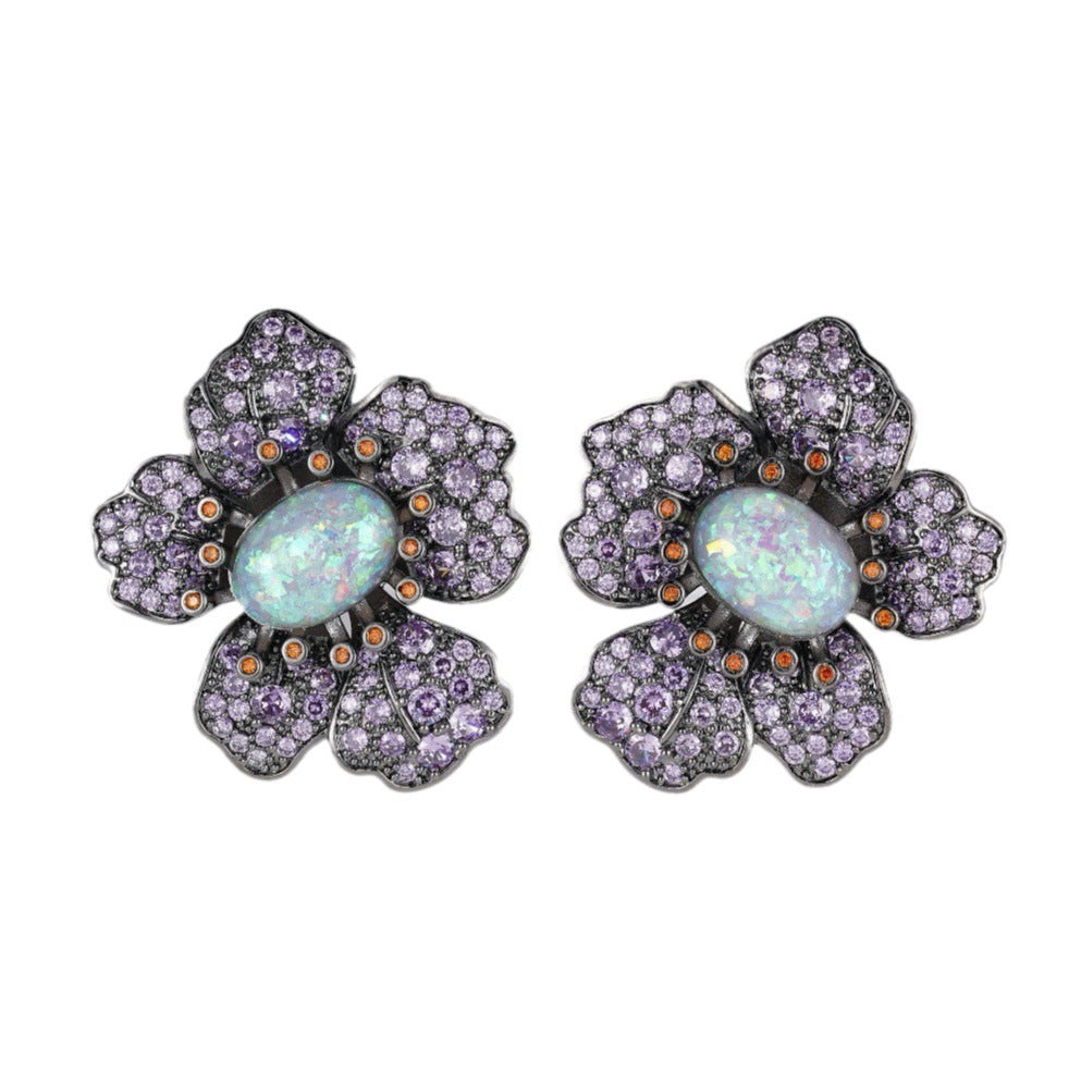 Luxury Black Rhodium Purple CZ Opal Floral Alloy Stud Earrings Bulk