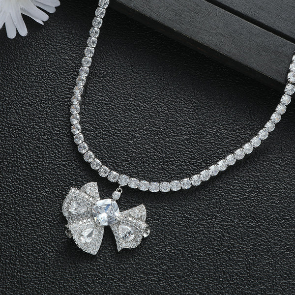 Luxury Silver Plated CZ Crystal Bow Anti Tarnish Copper Necklace Bulk Main image