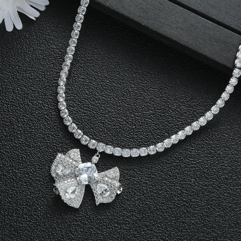 Luxury Silver Plated CZ Crystal Bow Anti Tarnish Copper Necklace Bulk