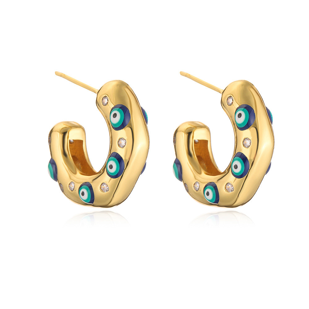 Evil Eye 18K Gold Blue Enamel Anti Tarnish Hoop Earring For Women