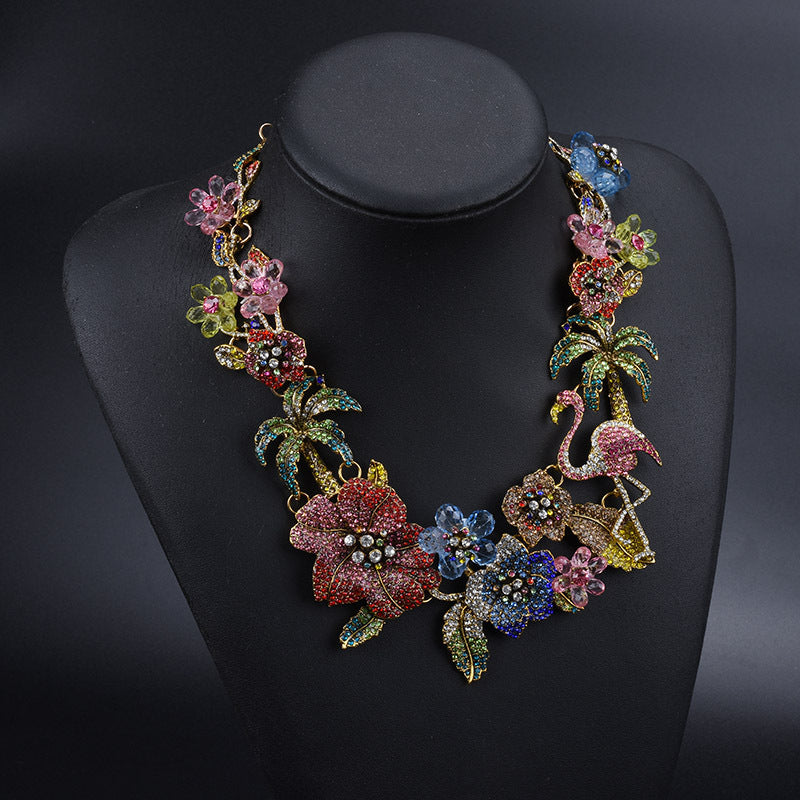 Floral Flower Multi Gemstone Crystal 18K Gold Anti Tarnish Necklace For Women