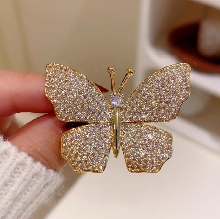 Gold Silver Butterfly Cubic Zirconia Copper Anti Tarnish Brooch For Women