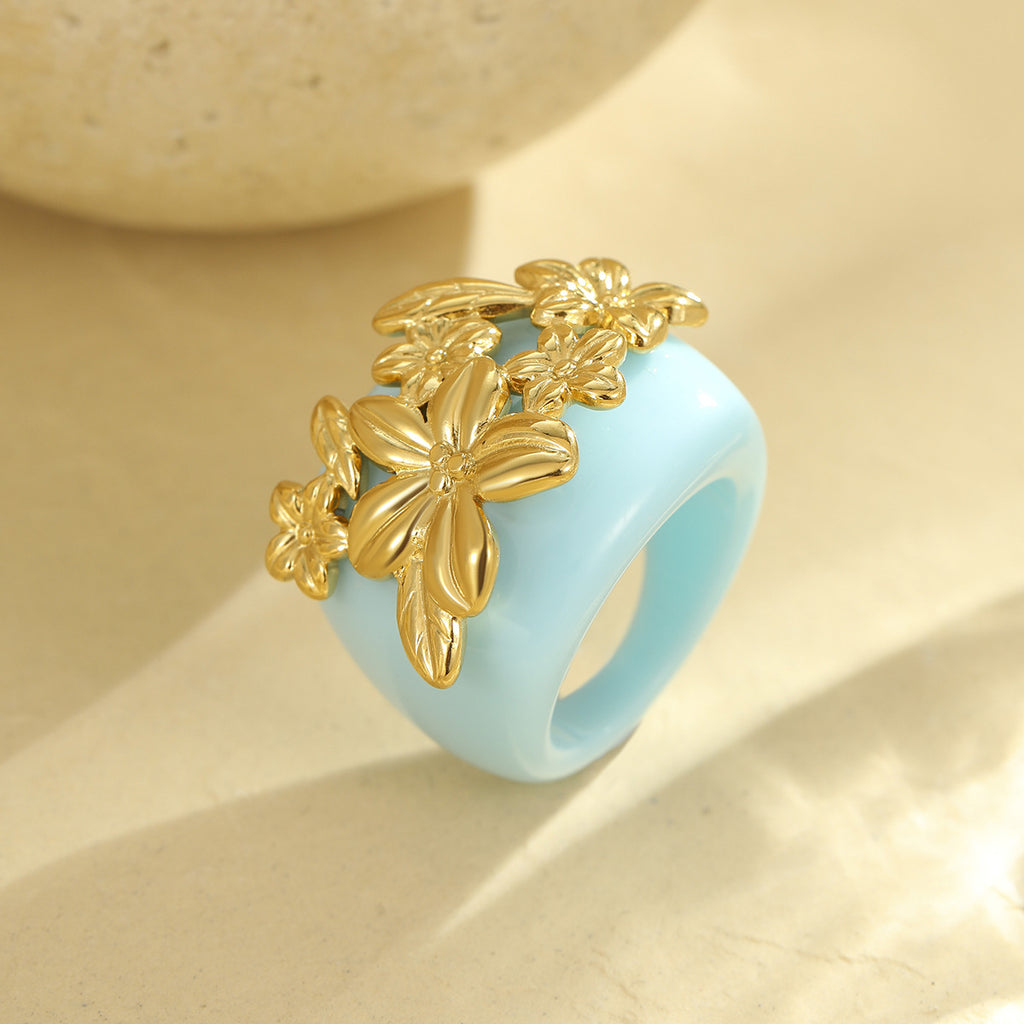 Flower 18K Gold Stainless Steel acrylic Adjustable Ring For Women